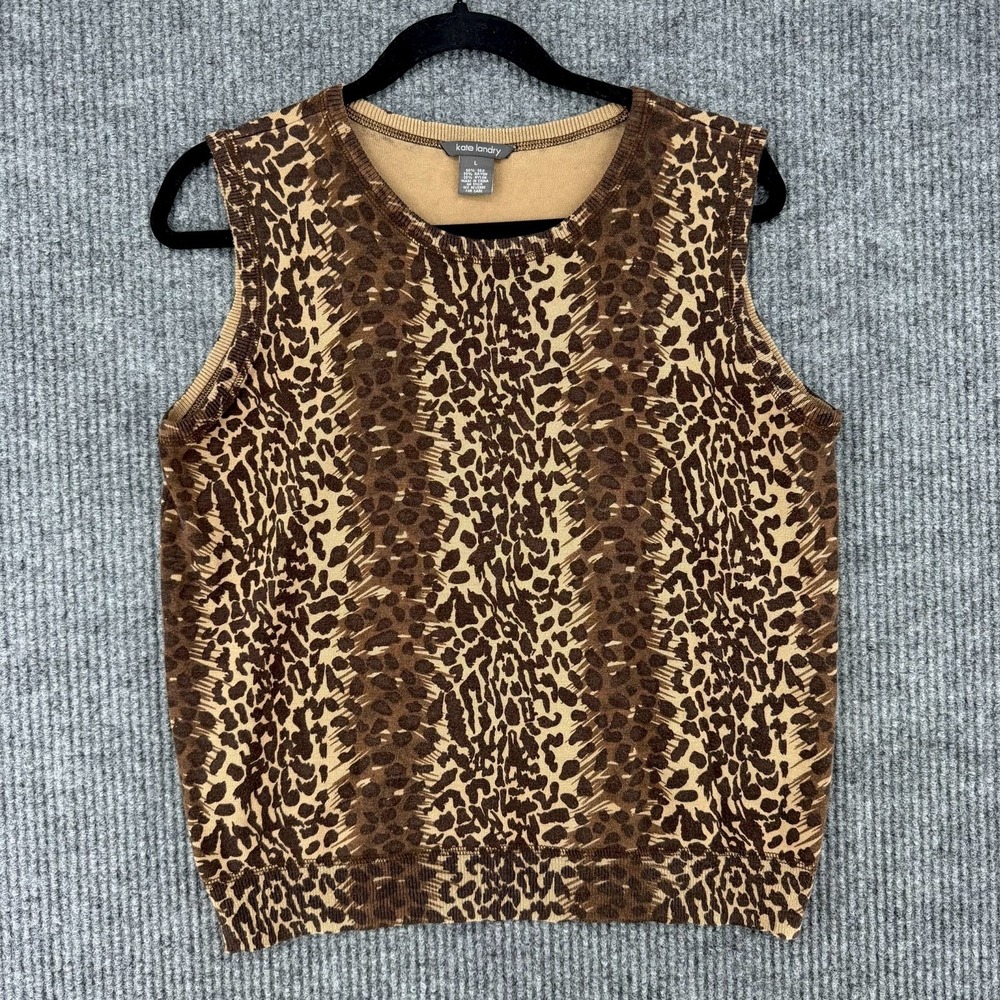 Vintage Kate Landry brown silk sleeveless sweater leopard animal print chic y2k